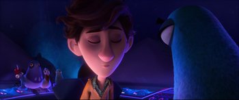 Movie still from “Spies in Disguise” (2019), directed by Troy Quane – A person's face in a car; Close Up shot, Over the shoulder angle