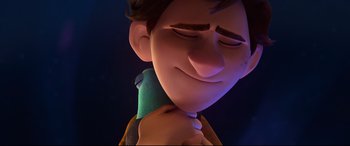 Movie still from “Spies in Disguise” (2019), directed by Troy Quane – A person holding a bird in his arms; Close Up shot, Over the shoulder angle