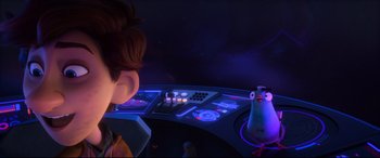 Movie still from “Spies in Disguise” (2019), directed by Troy Quane – A scene from the animated film , " spies in disguise "; Medium shot, Over the shoulder angle