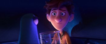 Movie still from “Spies in Disguise” (2019), directed by Troy Quane – A boy is holding a glass of water in his hand; Close Up shot, Over the shoulder angle