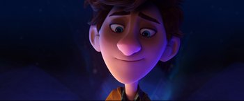Movie still from “Spies in Disguise” (2019), directed by Troy Quane – A person's face in a cartoon; Close Up shot, Over the shoulder angle