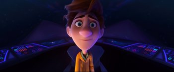 Movie still from “Spies in Disguise” (2019), directed by Troy Quane – A cartoon of a man with a blue shirt and brown jacket; Close Up shot, Over the shoulder angle