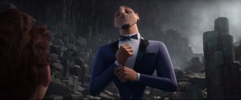 Movie still from “Spies in Disguise” (2019), directed by Troy Quane – A man wearing a suit and bow tie; Medium shot, Low angle
