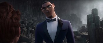 Movie still from “Spies in Disguise” (2019), directed by Troy Quane – An animated man wearing a suit and bow tie; Medium shot, Low angle