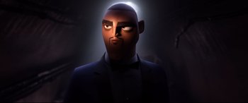 Movie still from “Spies in Disguise” (2019), directed by Troy Quane – An animated man in a suit and bow tie; Close Up shot, Low angle