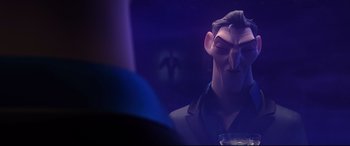 Movie still from “Spies in Disguise” (2019), directed by Troy Quane – A man's face in a purple light; Close Up shot, Over the shoulder angle