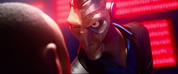 Movie still from “Spies in Disguise” (2019), directed by Troy Quane – An image of an animated character with a red light behind him; Extreme Close Up shot, Low angle