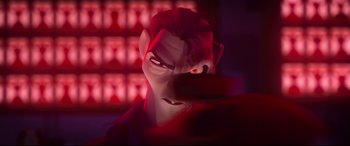 Movie still from “Spies in Disguise” (2019), directed by Troy Quane – A man with red eyes looking into a mirror; Extreme Close Up shot, Over the shoulder angle