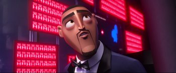 Movie still from “Spies in Disguise” (2019), directed by Troy Quane – An animated man in a black suit and bow tie; Close Up shot, Low angle