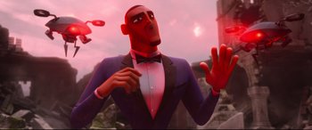Movie still from “Spies in Disguise” (2019), directed by Troy Quane – An animated man in a suit and bow tie; Medium shot, Low angle