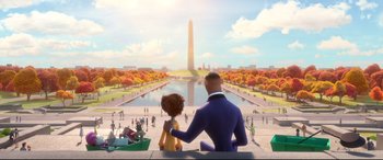 Movie still from “Spies in Disguise” (2019), directed by Troy Quane – Two people sitting in front of a body of water; Wide shot, Over the shoulder angle