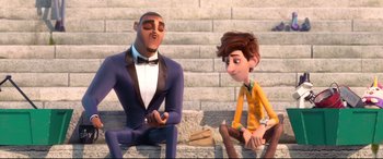 Movie still from “Spies in Disguise” (2019), directed by Troy Quane – Two animated characters sitting on a stone step; Medium shot, Over the shoulder angle
