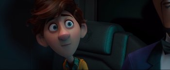 Movie still from “Spies in Disguise” (2019), directed by Troy Quane – A cartoon character's face; Close Up shot, Over the shoulder angle