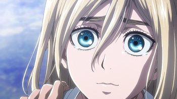 Movie still from “Attack on Titan” (2013), directed by Masashi Koizuka – A person's face with long blonde hair; Close Up shot, Low angle