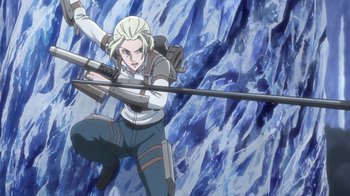 Movie still from “Attack on Titan” (2013), directed by Masashi Koizuka – A woman is holding a bow and arrow in her hands; Medium shot, Low angle