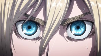 Movie still from “Attack on Titan” (2013), directed by Masashi Koizuka – View of a woman's eyes with blue eyes; Extreme Close Up shot, Overhead angle