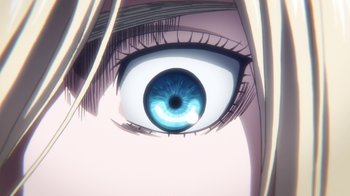 Movie still from “Attack on Titan” (2013), directed by Masashi Koizuka – An eye with a blue iris is seen in a close up view; Extreme Close Up shot, Overhead angle