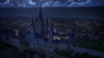 Movie still from “Attack on Titan” (2013), directed by Masashi Koizuka – An aerial view of a city at night with lights; Extreme Wide shot, High angle