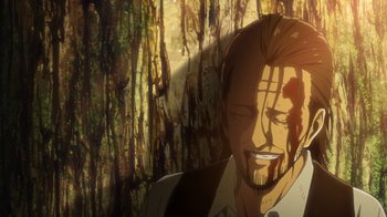 Movie still from “Attack on Titan” (2013), directed by Masashi Koizuka – A person with a beard in a forest; Close Up shot, High angle