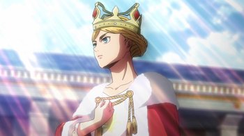 Movie still from “Attack on Titan” (2013), directed by Masashi Koizuka – A man wearing a crown standing in front of a sky background; Medium shot, Low angle