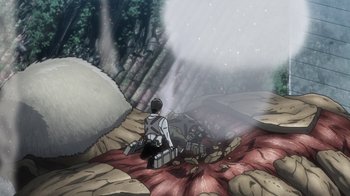 Movie still from “Attack on Titan” (2013), directed by Masashi Koizuka – An animated scene of a man sitting on the ground; Extreme Wide shot, High angle