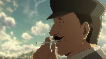 Movie still from “Attack on Titan” (2013), directed by Masashi Koizuka – A man with a mustache is holding something in his mouth; Close Up shot, Low angle