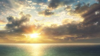 Movie still from “Attack on Titan” (2013), directed by Masashi Koizuka – The sun is setting over the ocean with birds flying in the sky; Extreme Wide shot, Low angle