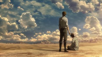 Movie still from “Attack on Titan” (2013), directed by Masashi Koizuka – Two men holding hands in the middle of the desert; Wide shot, Low angle
