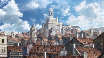 Movie still from “Attack on Titan” (2013), directed by Masashi Koizuka – An artistic painting of a city with a castle in the background; Extreme Wide shot, High angle