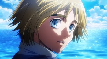 Movie still from “Attack on Titan” (2013), directed by Masashi Koizuka – A person with blue eyes; Close Up shot, Low angle
