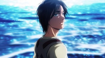 Movie still from “Attack on Titan” (2013), directed by Masashi Koizuka – A young man standing in front of a body of water; Close Up shot, Low angle