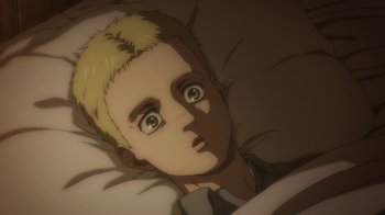 Movie still from “Attack on Titan” (2013), directed by Masashi Koizuka – An animated picture of a boy laying in a bed; Close Up shot, Overhead angle