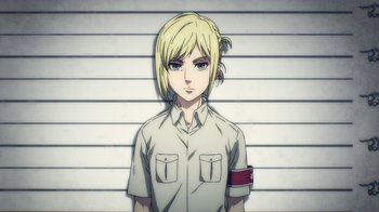 Movie still from “Attack on Titan” (2013), directed by Masashi Koizuka – A drawing of a woman with blonde hair; Close Up shot, Low angle