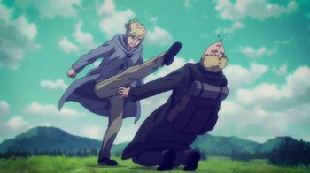 Movie still from “Attack on Titan” (2013), directed by Masashi Koizuka – Two people are fighting in a field; Wide shot, Low angle