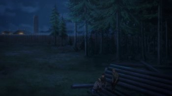 Movie still from “Attack on Titan” (2013), directed by Masashi Koizuka – A painting of two men sitting on logs in the woods; Extreme Wide shot, High angle