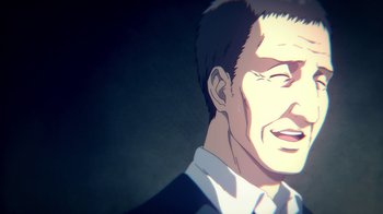 Movie still from “Attack on Titan” (2013), directed by Masashi Koizuka – An animated picture of a man with his eyes closed; Close Up shot, Low angle