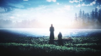 Movie still from “Attack on Titan” (2013), directed by Masashi Koizuka – Two people are standing in a grassy field near a body of water; Extreme Wide shot, Over the shoulder angle