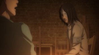 Movie still from “Attack on Titan” (2013), directed by Masashi Koizuka – An animated scene of a man looking at a woman; Medium shot, Over the shoulder angle