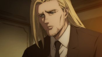 Movie still from “Attack on Titan” (2013), directed by Masashi Koizuka – A person wearing a suit and tie; Close Up shot, Over the shoulder angle