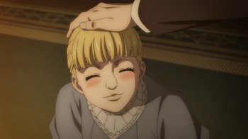 Movie still from “Attack on Titan” (2013), directed by Masashi Koizuka – An animated picture of a person touching a boy's head; Close Up shot, High angle
