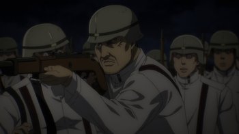 Movie still from “Attack on Titan” (2013), directed by Masashi Koizuka – A group of men standing next to each other holding guns; Close Up shot, Over the shoulder angle