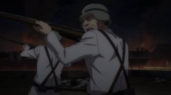 Movie still from “Attack on Titan” (2013), directed by Masashi Koizuka – An animated man holding a rifle in a field; Medium shot, Over the shoulder angle