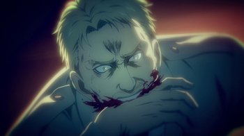 Movie still from “Attack on Titan” (2013), directed by Masashi Koizuka – An animated picture of a man with blood on his face; Close Up shot, Low angle