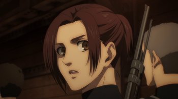 Movie still from “Attack on Titan” (2013), directed by Masashi Koizuka – An animated picture of a person with a gun; Close Up shot, Over the shoulder angle