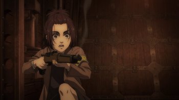 Movie still from “Attack on Titan” (2013), directed by Masashi Koizuka – A woman holding a gun in a room with wooden walls; Medium shot, High angle