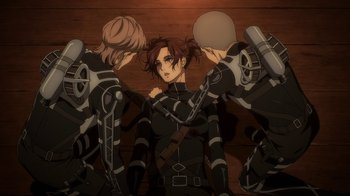 Movie still from “Attack on Titan” (2013), directed by Masashi Koizuka – A group of people that are standing up; Medium shot, Over the shoulder angle