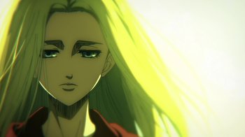 Movie still from “Attack on Titan” (2013), directed by Masashi Koizuka – A woman's face with long blonde hair; Extreme Close Up shot, Low angle