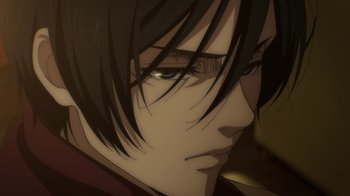 Movie still from “Attack on Titan” (2013), directed by Masashi Koizuka – A person's face with long black hair; Close Up shot, Low angle