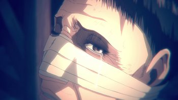 Movie still from “Attack on Titan” (2013), directed by Masashi Koizuka – A person's eye with a tear coming out of it; Extreme Close Up shot, High angle