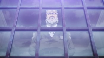 Movie still from “Attack on Titan” (2013), directed by Masashi Koizuka – An image of an old man looking out of a window; Wide shot, Low angle